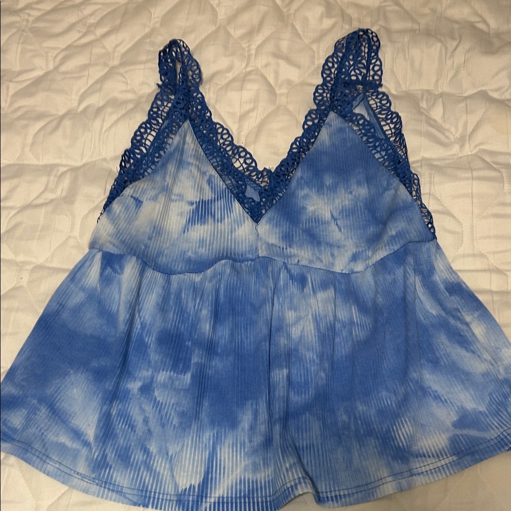 Umgee Blue Tie-Dye Tank Top with Lace Trim